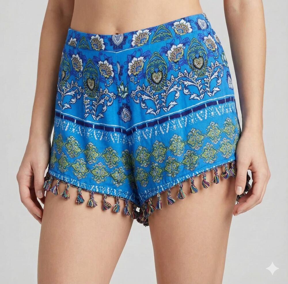 Hayden Los Angeles Boho Blue Shorts with Tassels Pom Poms Medium